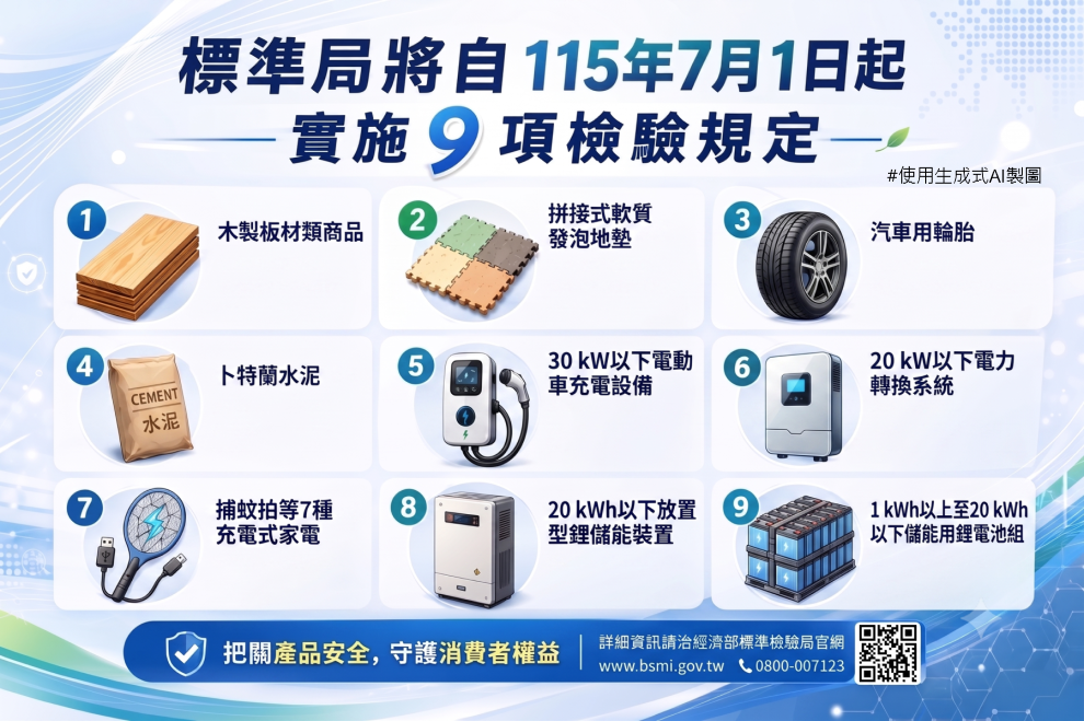 標準局將自115年7月1日起實施「電動車充電設備」等9項商品檢驗規定 強化商品安全.png 標準局將自115年7月1日起實施「電動車充電設備」等9項商品檢驗規定 強化商品安全.png